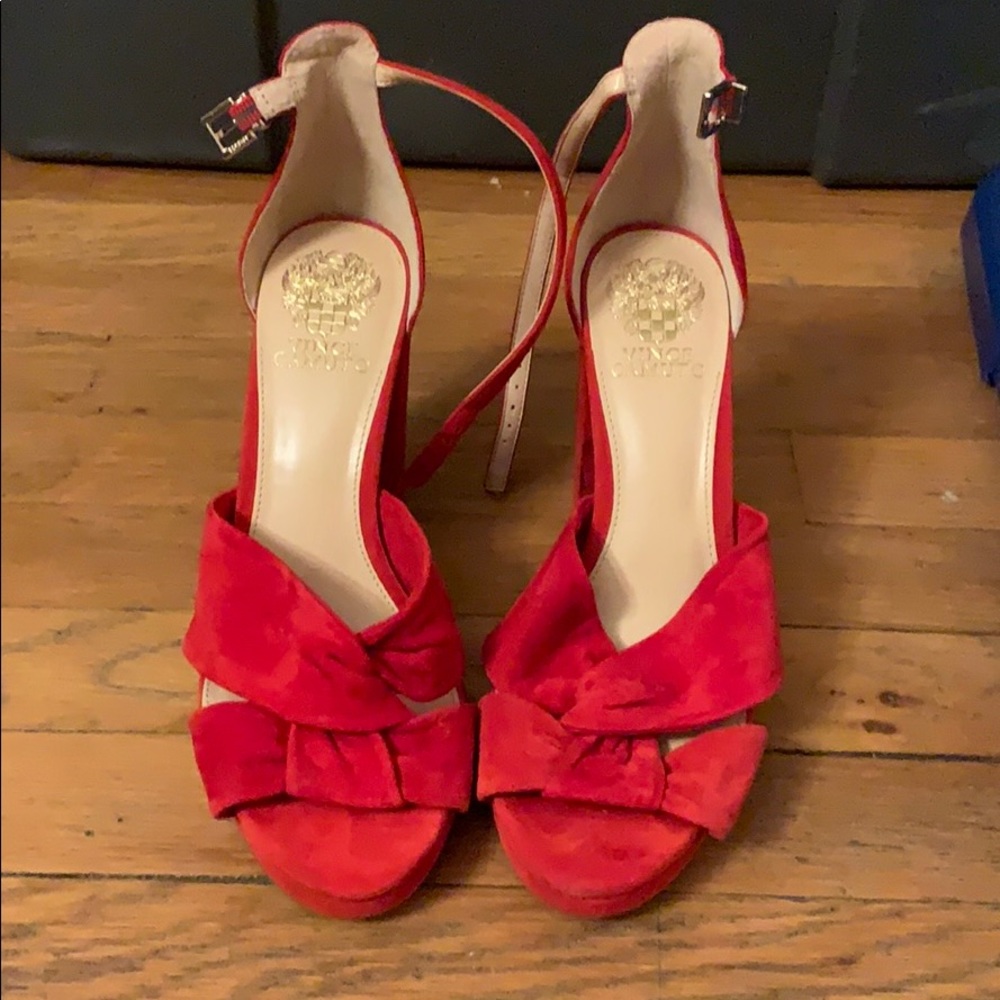 Red suede block heels